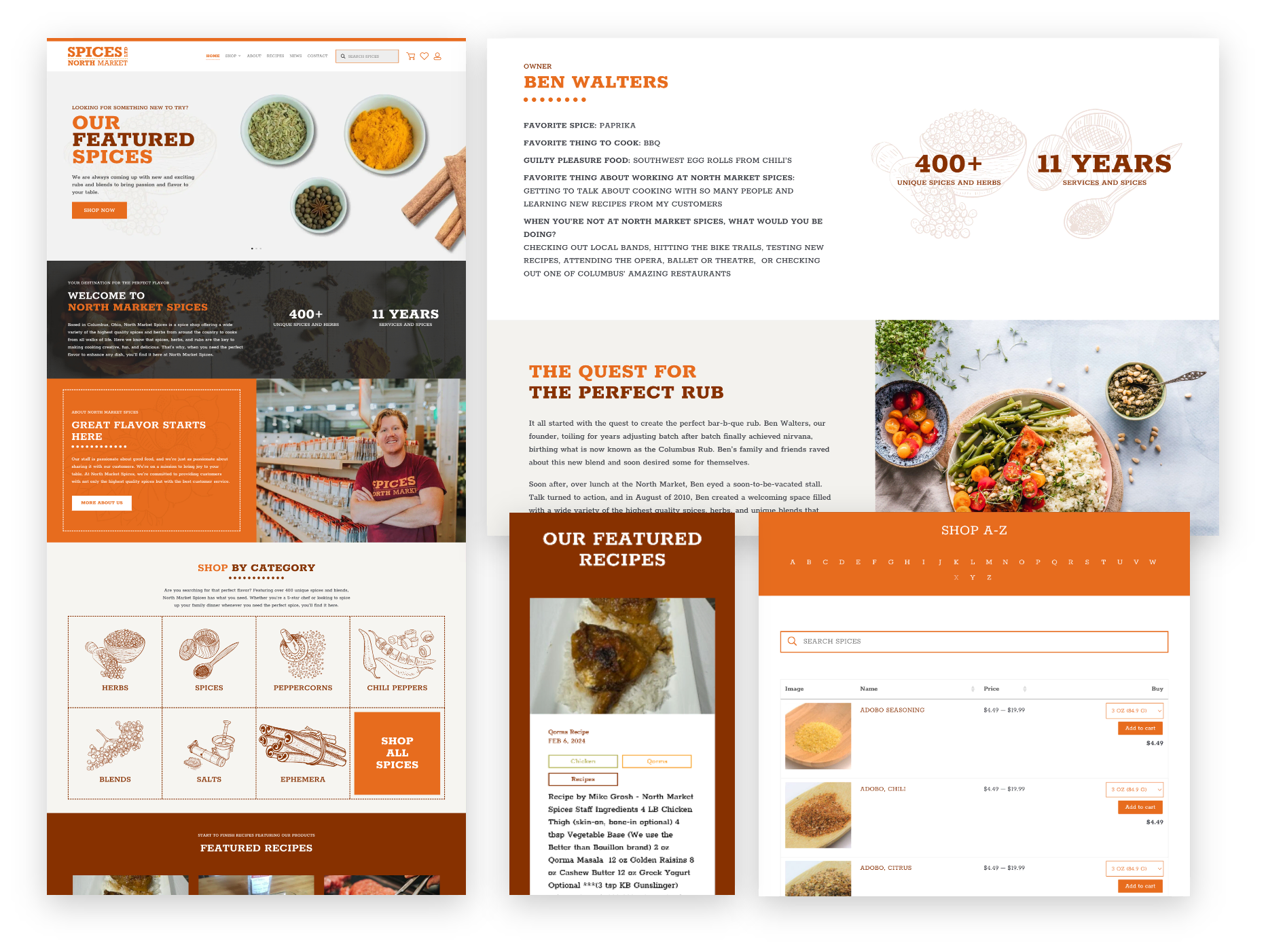 North Market Spices web design mockup featuring orange, white and black color palette.